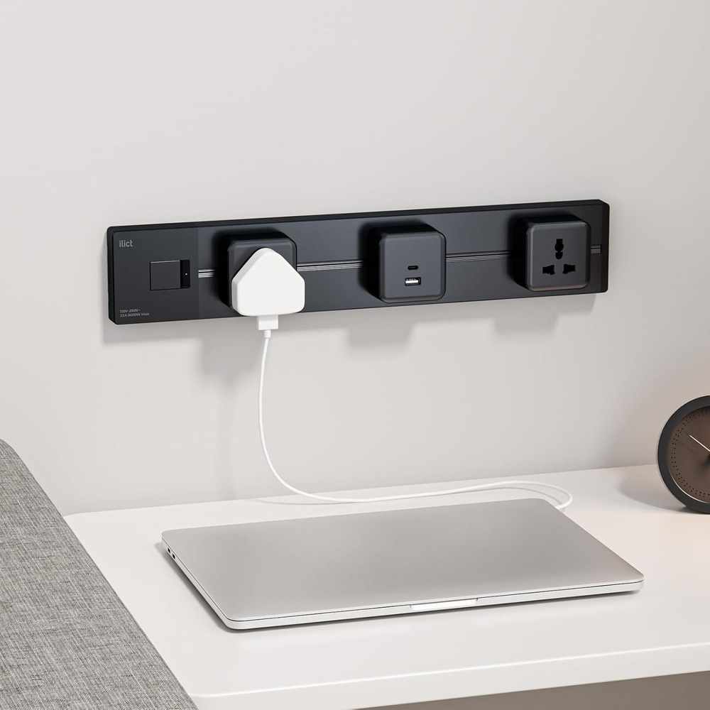 Illus 24in Power Track Socket Outlet 8000W Black Modern‎ Wall Mount USB 3 Outlet